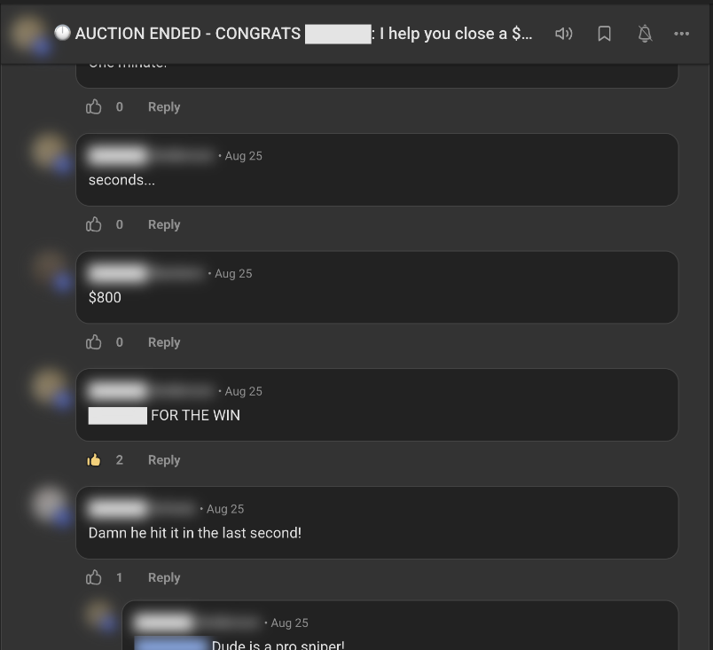 Bids in Marcus Anderson's rev-share wingman auction