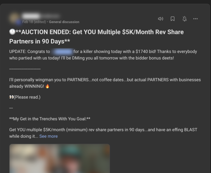 Marcus Anderson's auction post with a $1,740 winning bid